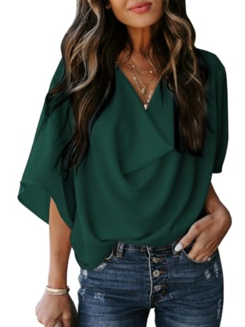 Womens 3/4 Sleeve V Neck Wrap Draped Front Blouse Tops